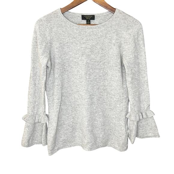 Charter Club 100% Cashmere Gray Sweater Pull Over Ruffle Sleeve Crew Neck Size S - Picture 1 of 6